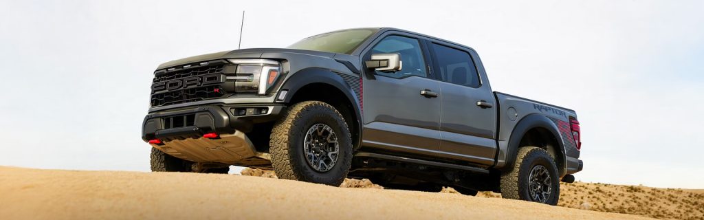 Gray Ford F-150 Raptor pickup truck parked on desert terrain, highlighting its rugged off-road capability and bold performance styling.