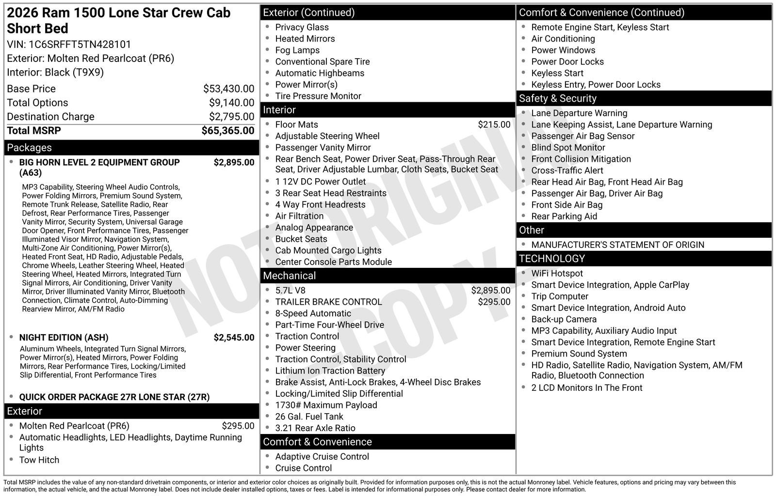 2026 RAM Ram 1500 RAM 1500 LONE STAR CREW CAB 4X4 5'7' BOX