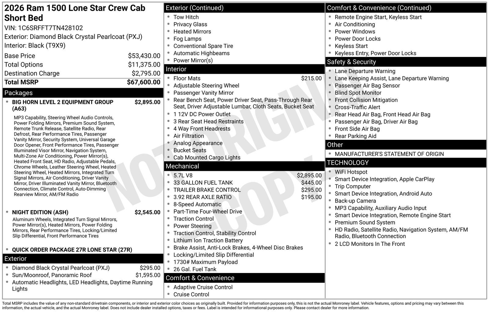 2026 RAM Ram 1500 RAM 1500 LONE STAR CREW CAB 4X4 5'7' BOX